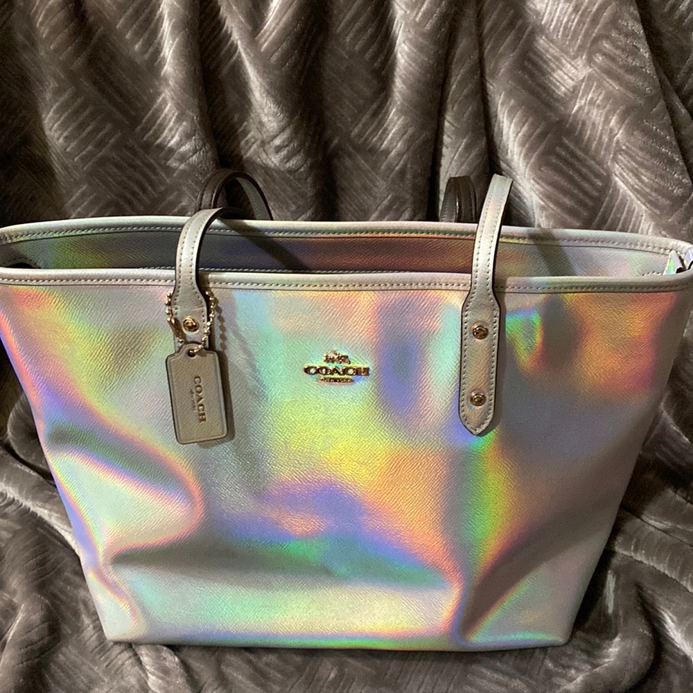 Coach city zip tote bag iridescent holographic chrome oil spill